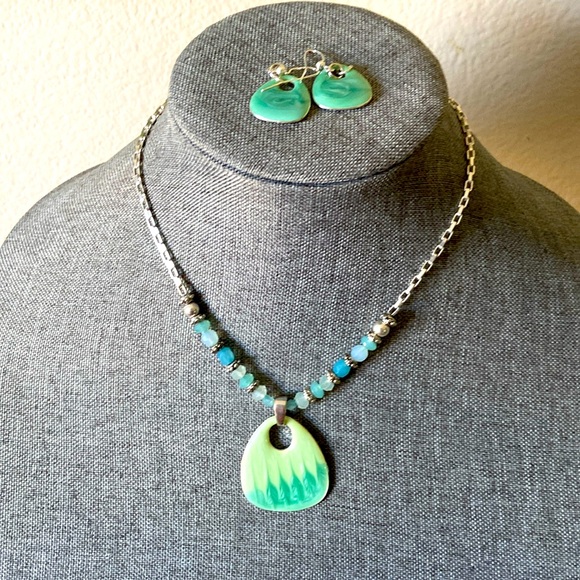 Vintage 90s Swirly Enamel Pendant Necklace & Earrings Set - Picture 1 of 4